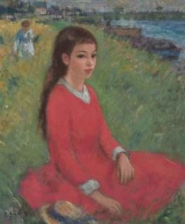 Francois Gall - Jeune fille assise avec robe rouge