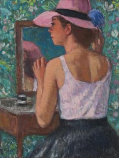 François Gall - Marie-Lize à la capeline rose devant le miroir