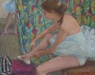 Francois Gall - Marie-Lize au tutu blanc, attachant son chausson dans les coulisses