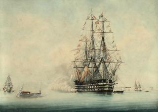 François-Geoffroi Roux - A French First-Rate lying at anchor in the roadstead at Toulon, dressed overall for an important visitor approaching in a barge