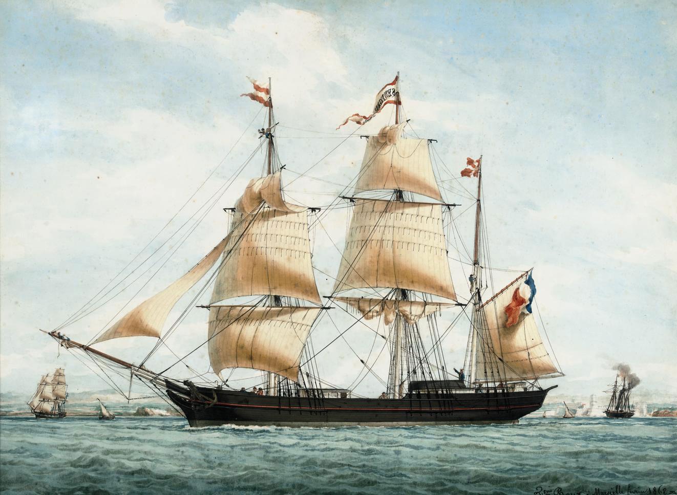 Francois-Geoffroi Roux - The French barque Sénégambie in Mediterranean waters off Marseilles