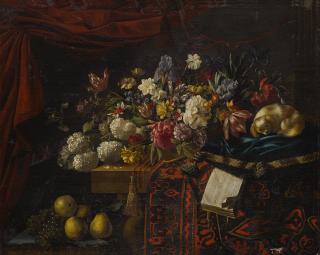 François Habert - A still life of flowers set on a table with a carpet, a music book and a dog seated on a pillow