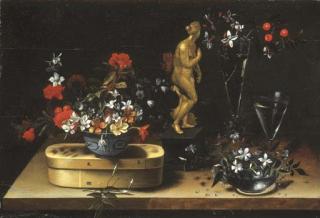 François Habert - Fleurs dans un bol en porcelaine sur une boîte à copeaux, une statue de Vénus, deux verres et un bol contenant des fleurs sur un entablement