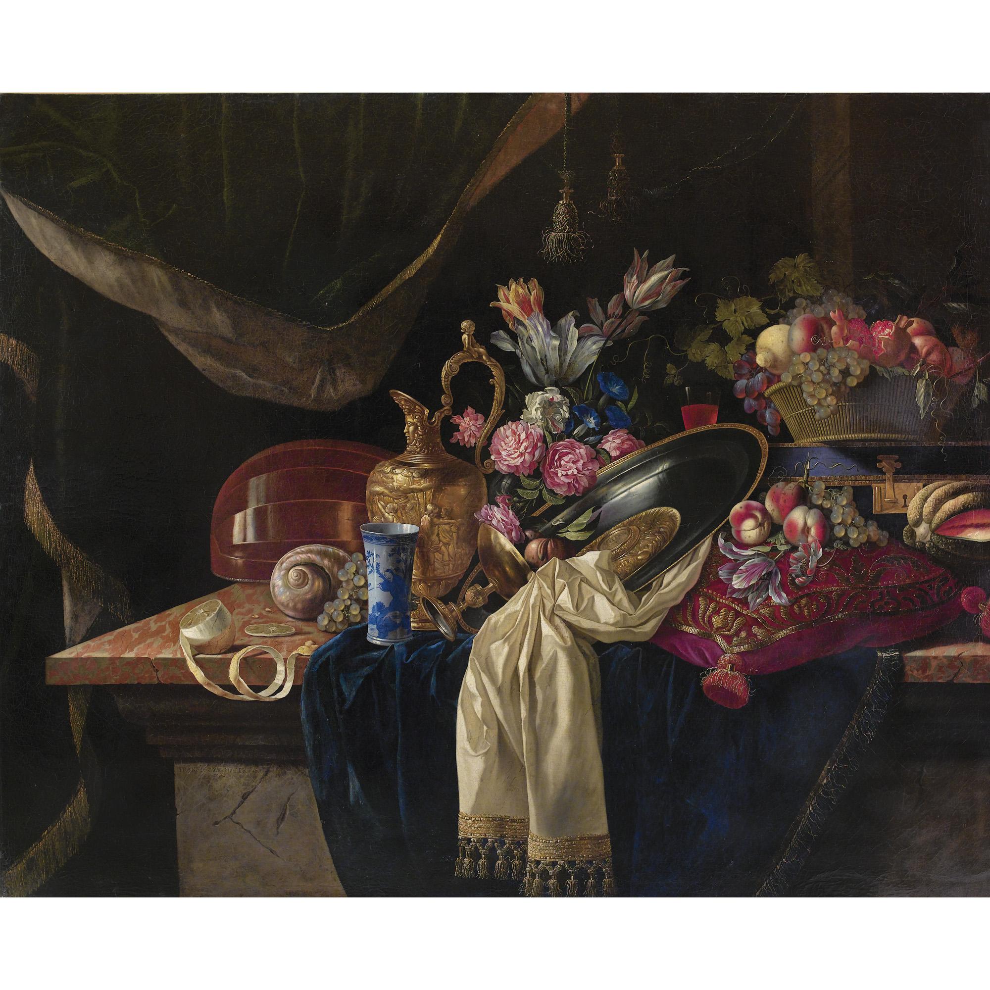 François Habert - Nature Morte À L\'Aiguière, Au Bouquet De Tulipe Et À La Mandolinefrançois Habert ; Still Life With Ewer, A Bunch Of Tulips And A Mandolin ; Signed And With Traces Of Date Lower Left On The Marble Column ; Oil On Canvas