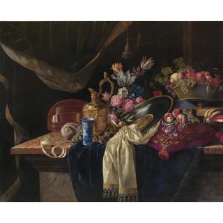 François Habert - Nature Morte À L\'Aiguière, Au Bouquet De Tulipe Et À La Mandolinefrançois Habert ; Still Life With Ewer, A Bunch Of Tulips And A Mandolin ; Signed And With Traces Of Date Lower Left On The Marble Column ; Oil On Canvas