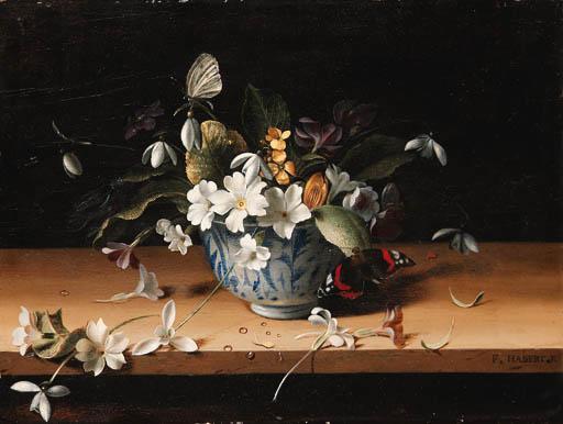 François Habert - Stephanotis, primroses, snowdrops and other flowers in a blue and white Chinese bowl with a Red Admiral and a white cabbage butterfly on a ledge