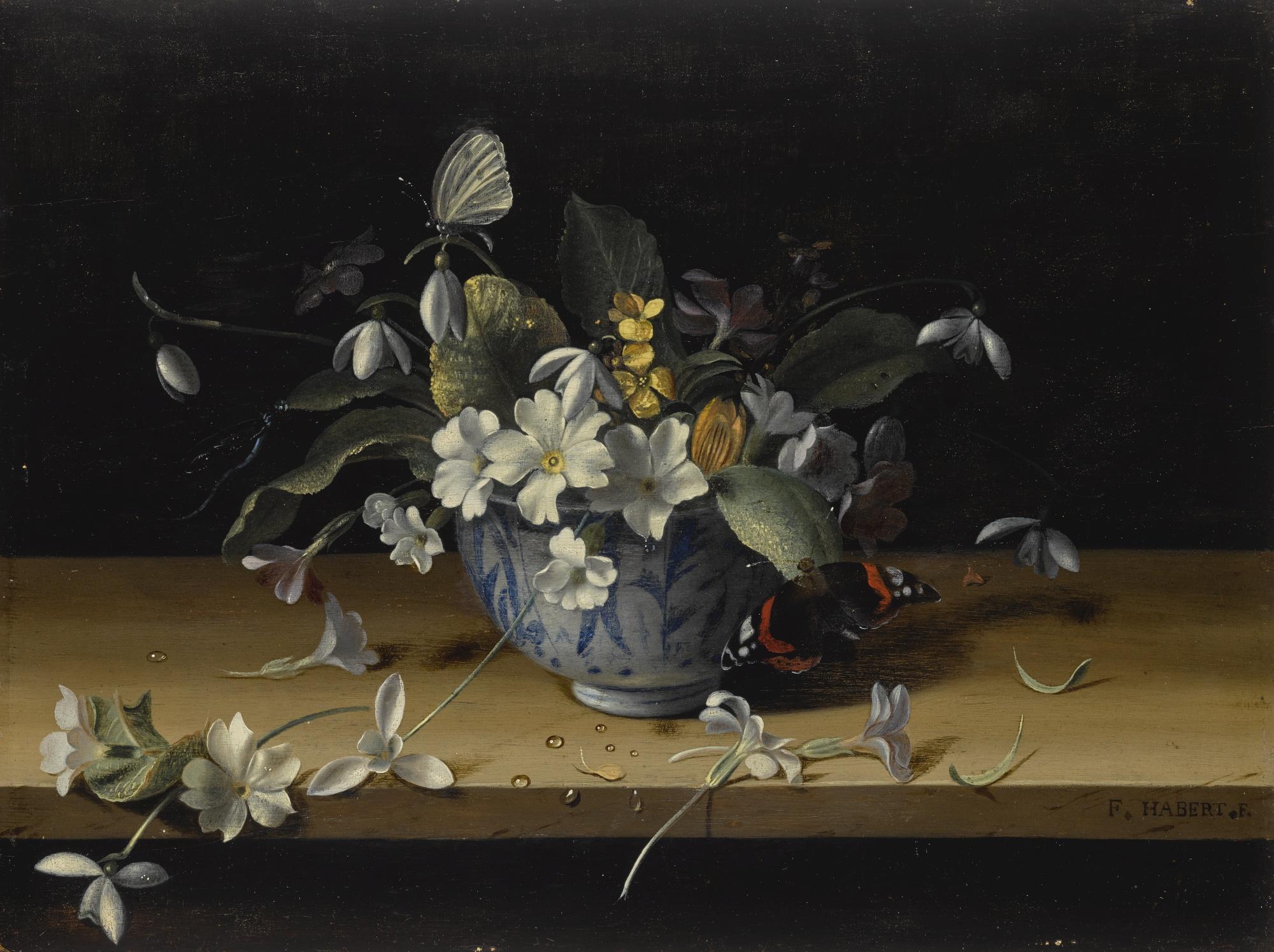 François Habert - Still Life Of Flowers In A Blue And White Chinese Porcelain Bowl With A Red Admiral Butterfly On A Wooden Ledge