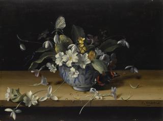François Habert - Still Life Of Flowers In A Blue And White Chinese Porcelain Bowl With A Red Admiral Butterfly On A Wooden Ledge