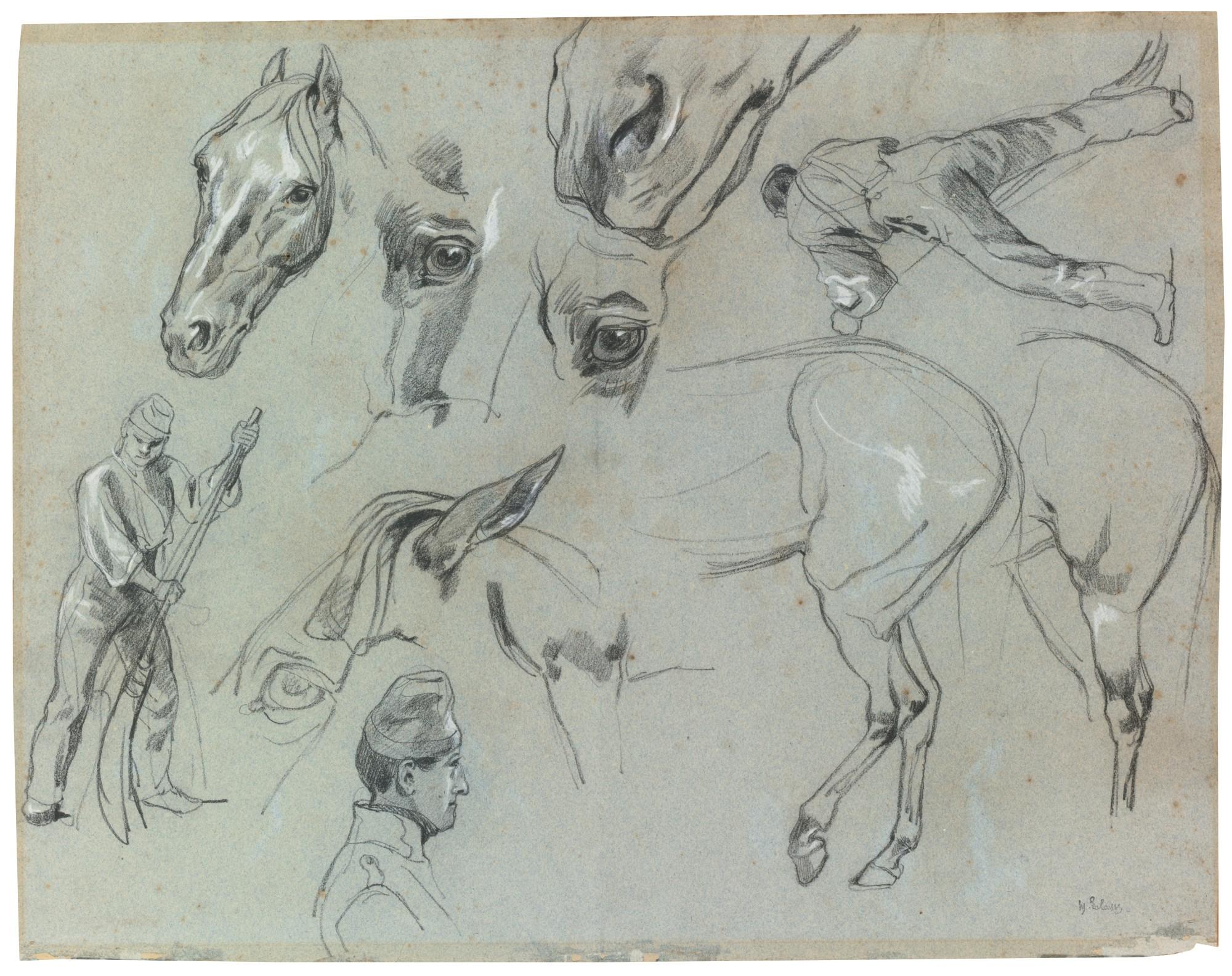 François-Hippolyte Lalaisse - Recto and Verso: Studies of horses and a groom