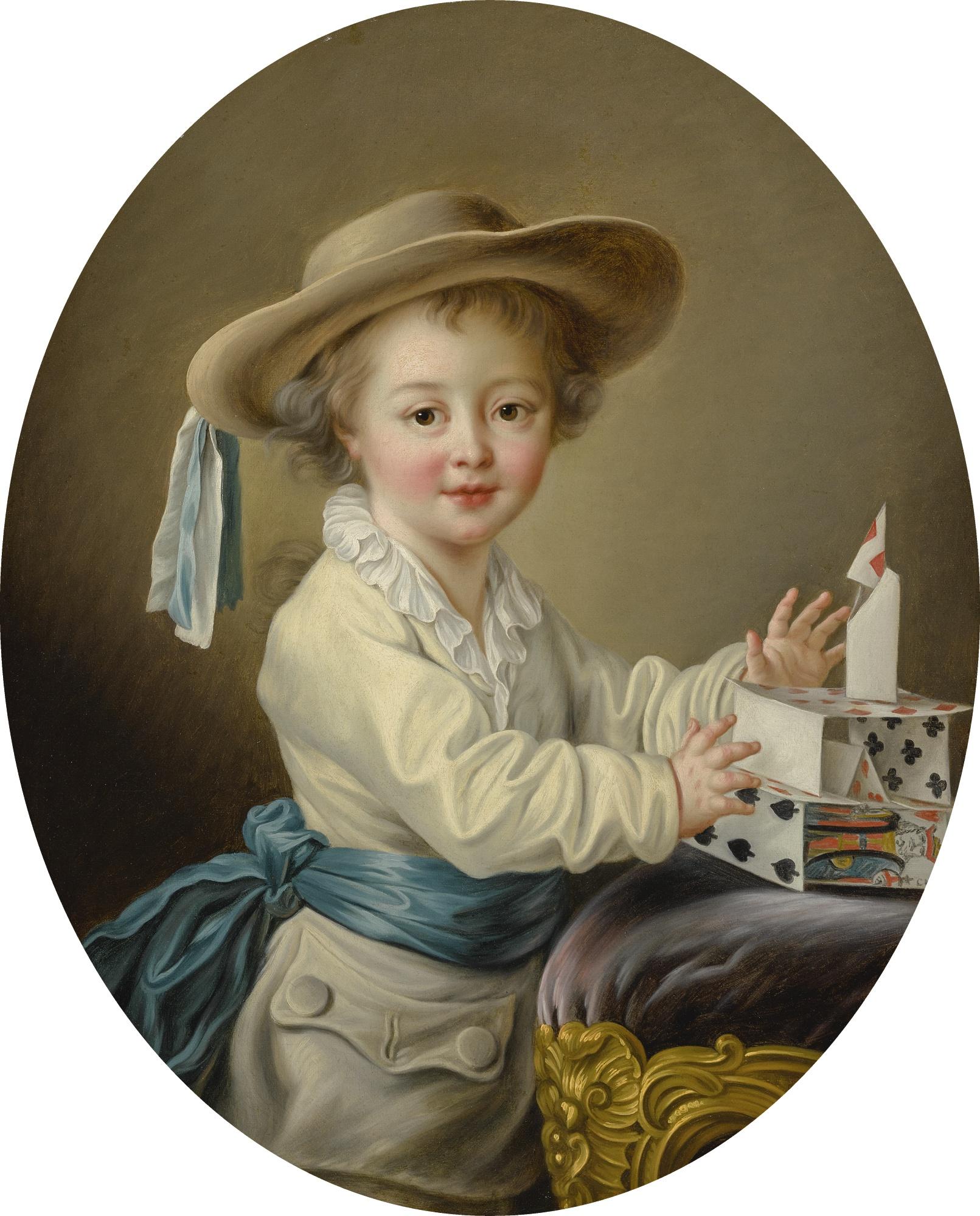 François Hubert Drouais - A Boy Playing With A House Of Cards, On A Gilt Upholstered Footstool