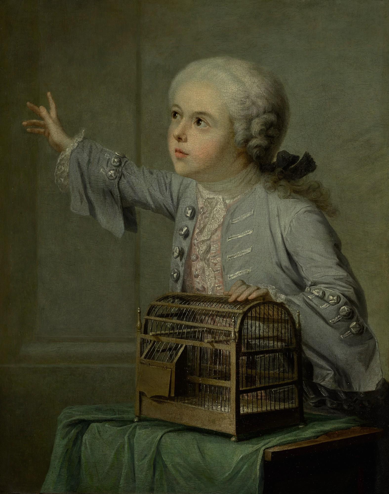 François Hubert Drouais - A Boy Seated At A Table, Looking Up, With An Open Birdcage