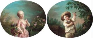 François-Hubert Drouais - A girl in a pink dress, gathering roses in a garden; and A boy dressed as Pierrot, holding a bird and nest with chicks, in a garden