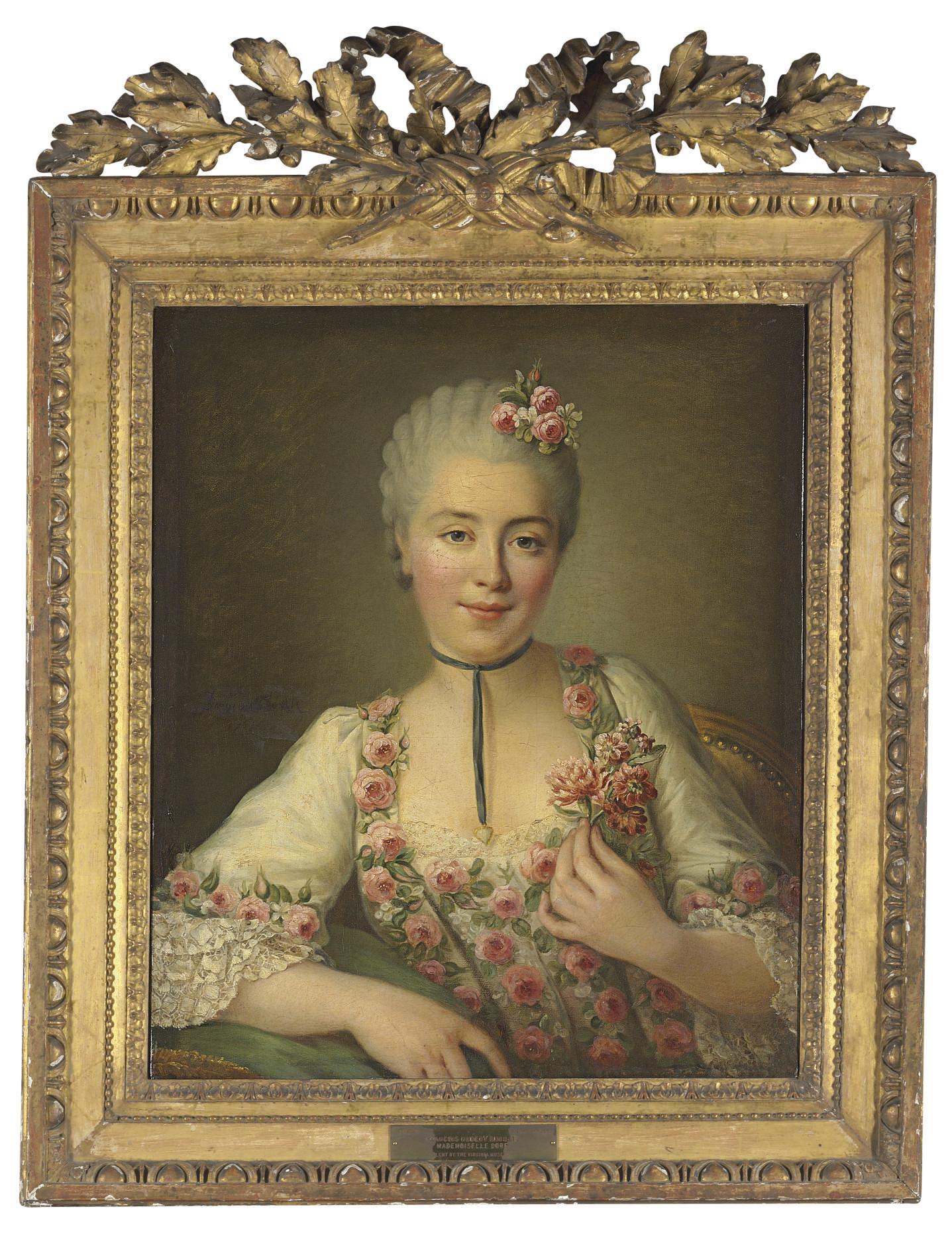 François-Hubert Drouais - Portrait of a Lady said to be Mlle. Dore, half-length, in a white dress with pink roses