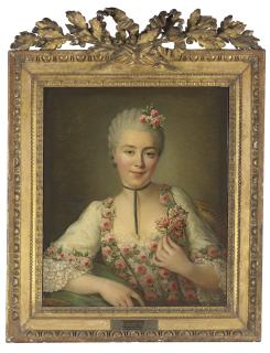 François-Hubert Drouais - Portrait of a Lady said to be Mlle. Dore, half-length, in a white dress with pink roses