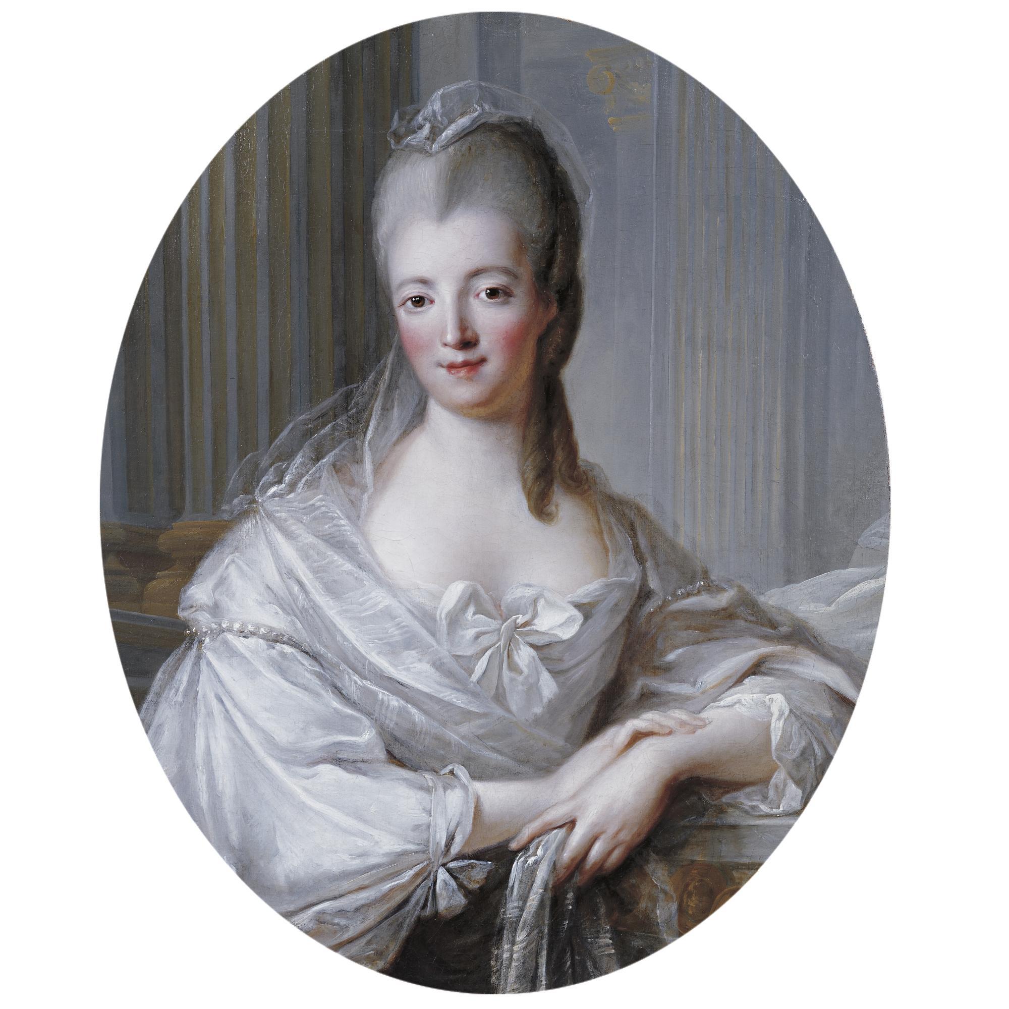 François Hubert Drouais - Portrait Of A Young Woman, Half-Length, Wearing A White Dress With A Large Bow