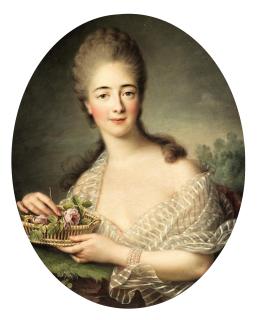 François Hubert Drouais - Portrait of Comtesse du Barry holding a woven basket of pink roses