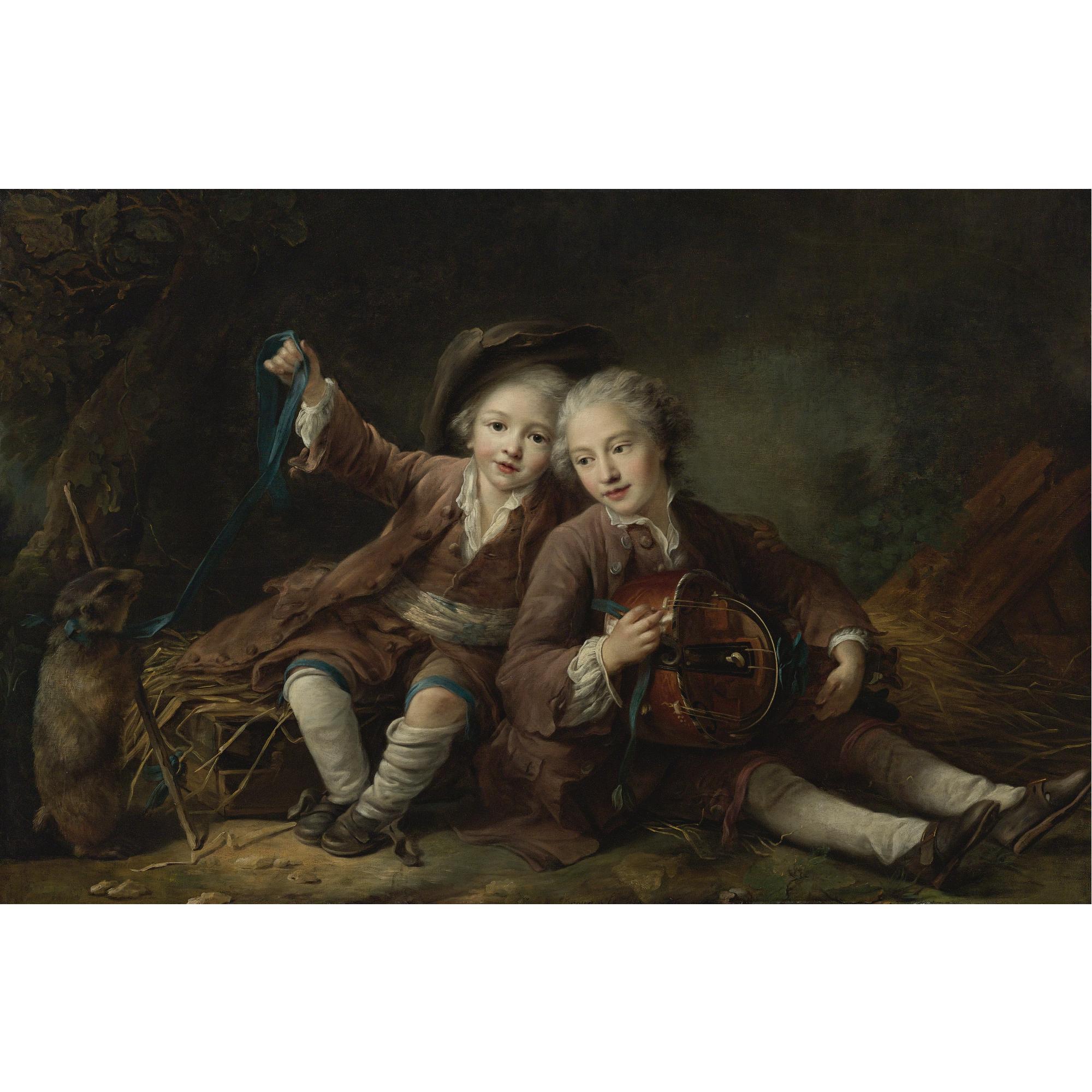 François Hubert Drouais - The Children Of The Duc De Bouillon Dressed As Montagnards; One Playing A Hurdy-Gurdy, The Other Playing With A Marmot On A Ribbon
