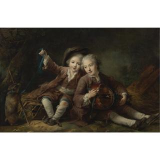 François Hubert Drouais - The Children Of The Duc De Bouillon Dressed As Montagnards; One Playing A Hurdy-Gurdy, The Other Playing With A Marmot On A Ribbon