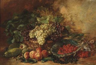 François Huygens - White and black grapes in a wicker basket, surrounded by gourds, chestnuts, peaches, raspberries and blackberries
