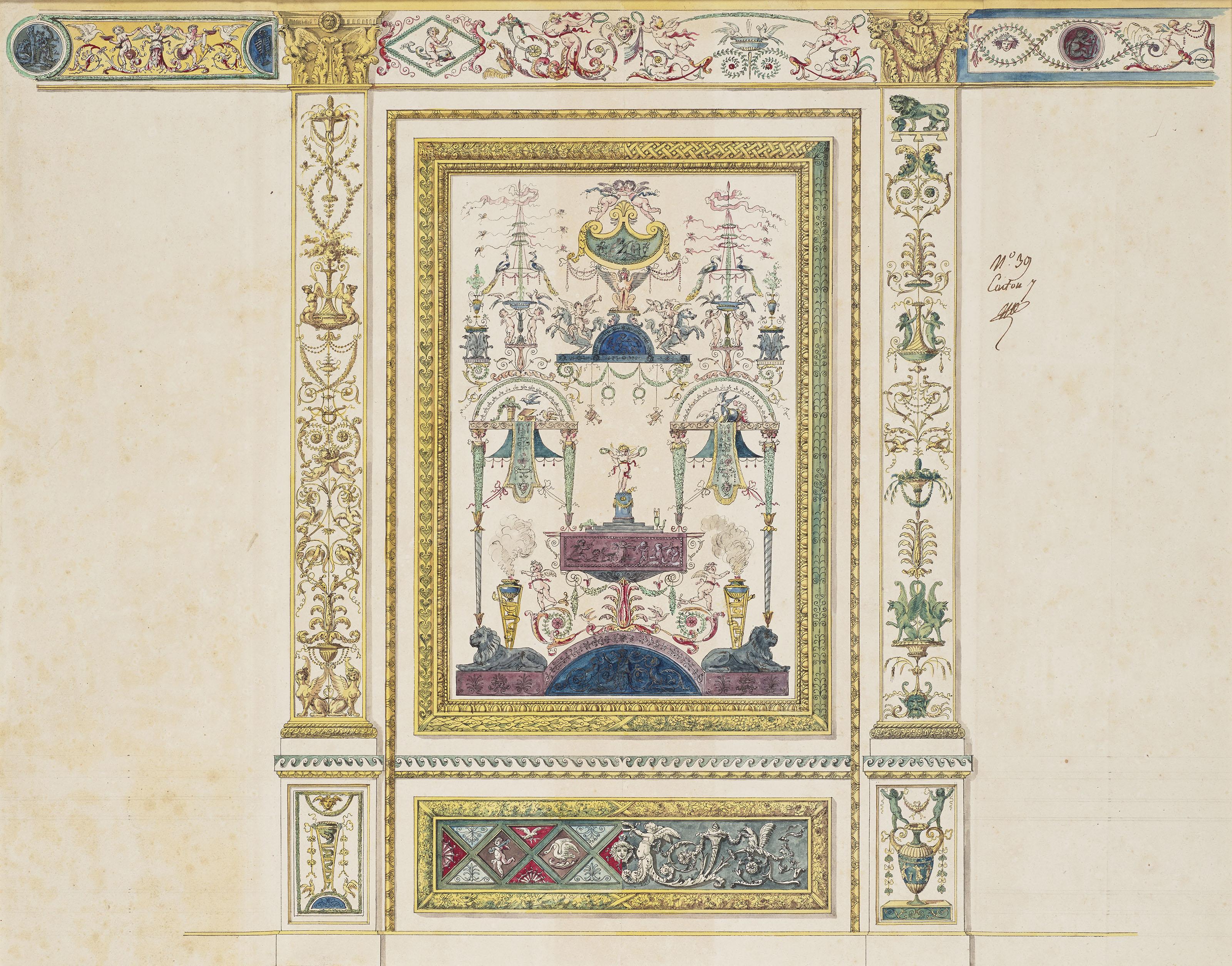 Francois-Joseph Bélanger - Étude de décor mural avec sphinge, putti ailés, oiseaux et arabesques