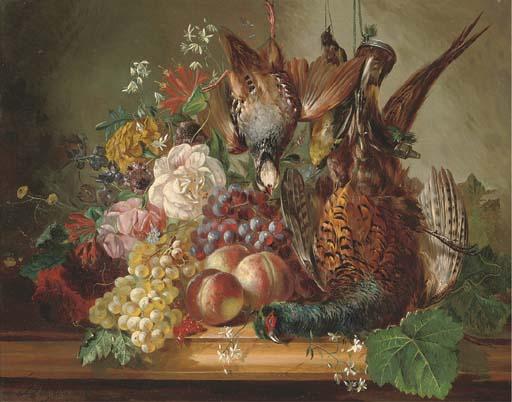 François Joseph Huygens - Game, Fruit And Flowers On A Marble Ledge