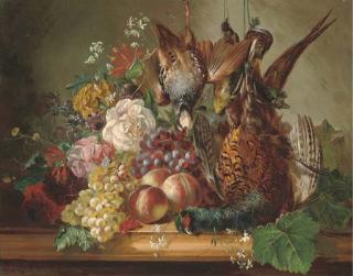 François Joseph Huygens - Game, Fruit And Flowers On A Marble Ledge