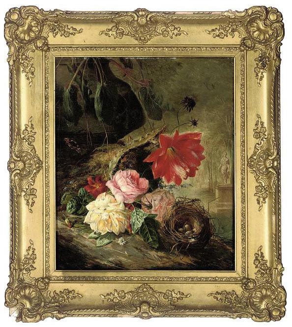 François Joseph Huygens - Roses, primrose, cactus flower, and a bird\'s nest on a mossy bank, with a classical statue beyond