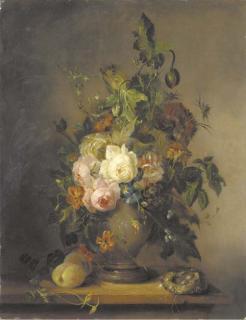 Francois-Joseph Huygens - Roses, Tulips And Other Flowers In A Vase With Plums And A Bird\'S Nest On A Wooden Ledge