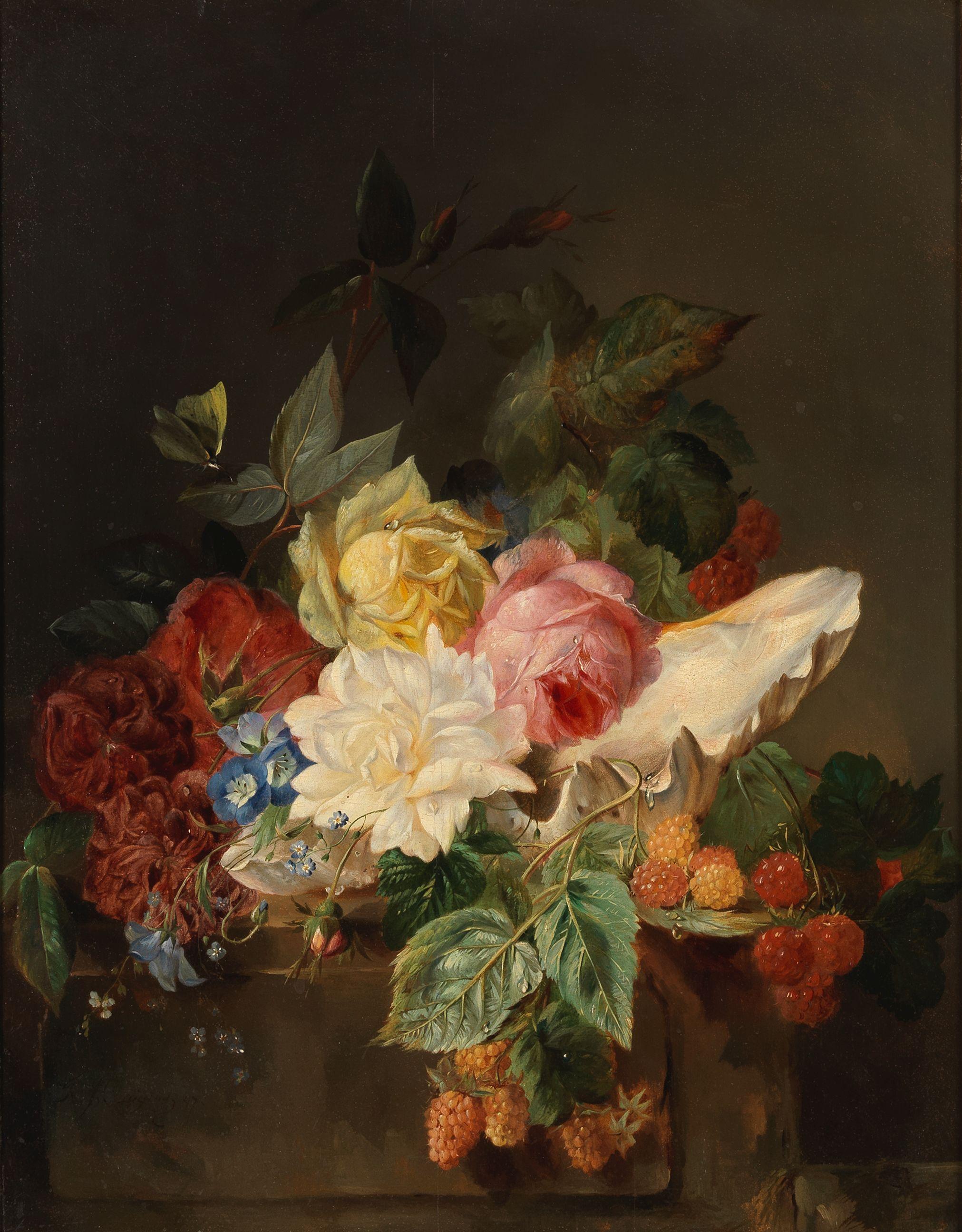 François Joseph Huygens - Still life with roses and raspberries on a ledge