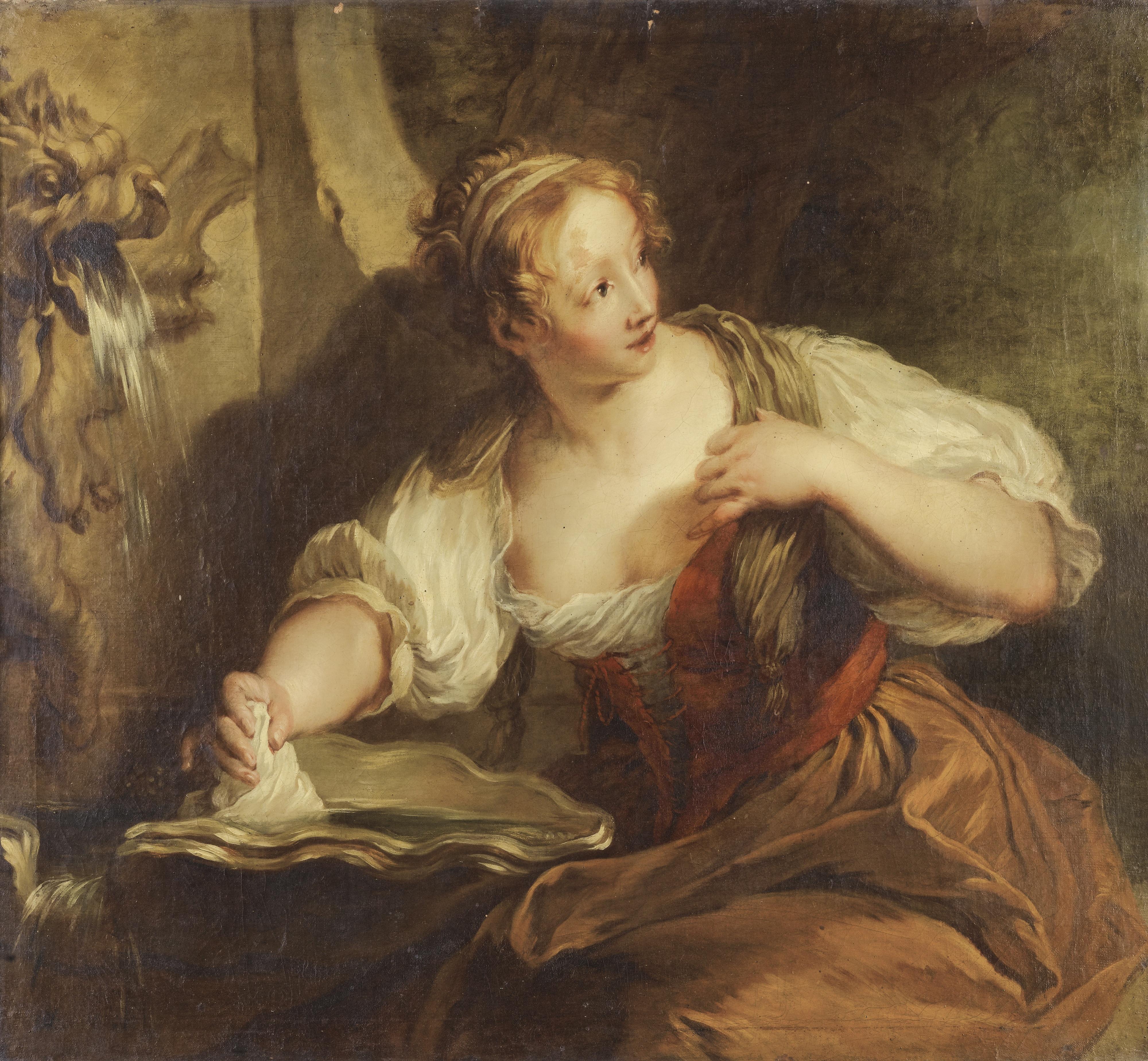 François Lemoyne - Jeune Femme À La Fontainefrançois Lemoyne ; Young Woman At A Fountain ; Oil On Canvas