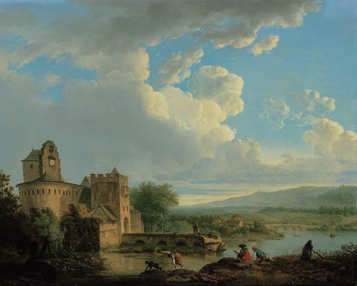 François-Léonard Dupont - An extensive river landscape with a castle, an artist sketching on the bank in the foreground