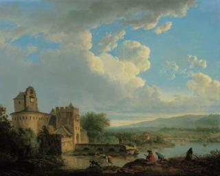 François-Léonard Dupont - An extensive river landscape with a castle, an artist sketching on the bank in the foreground