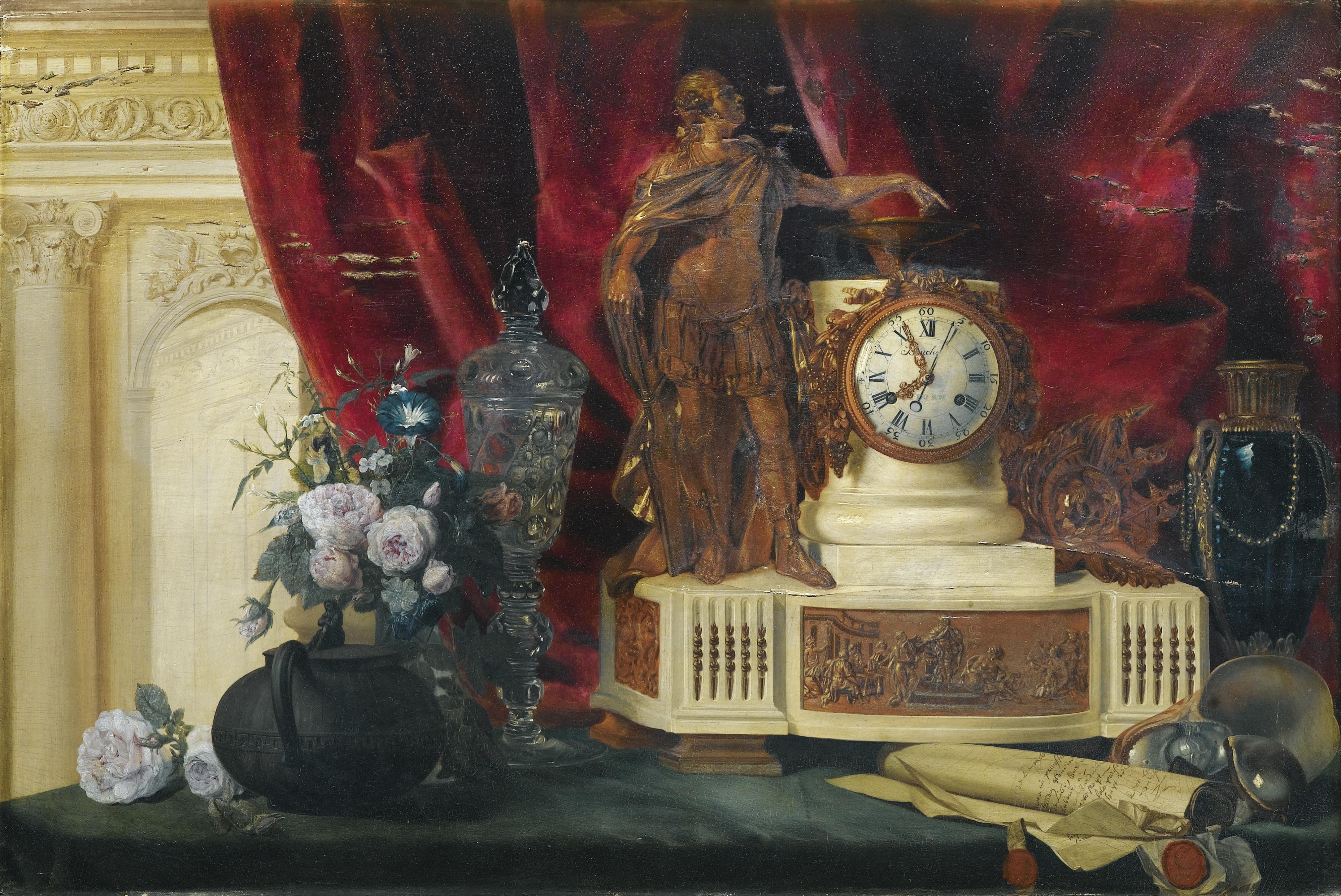 François-Léonard Dupont - Nature Morte À La Pendule Et Vase De Sèvresfrançois-Léonard Dupont, Called Dupont-Watteau ; Still Life With A Gilt Bronze Mantle Clock And Sèvres Porcelain Vase ; Oil On Panel