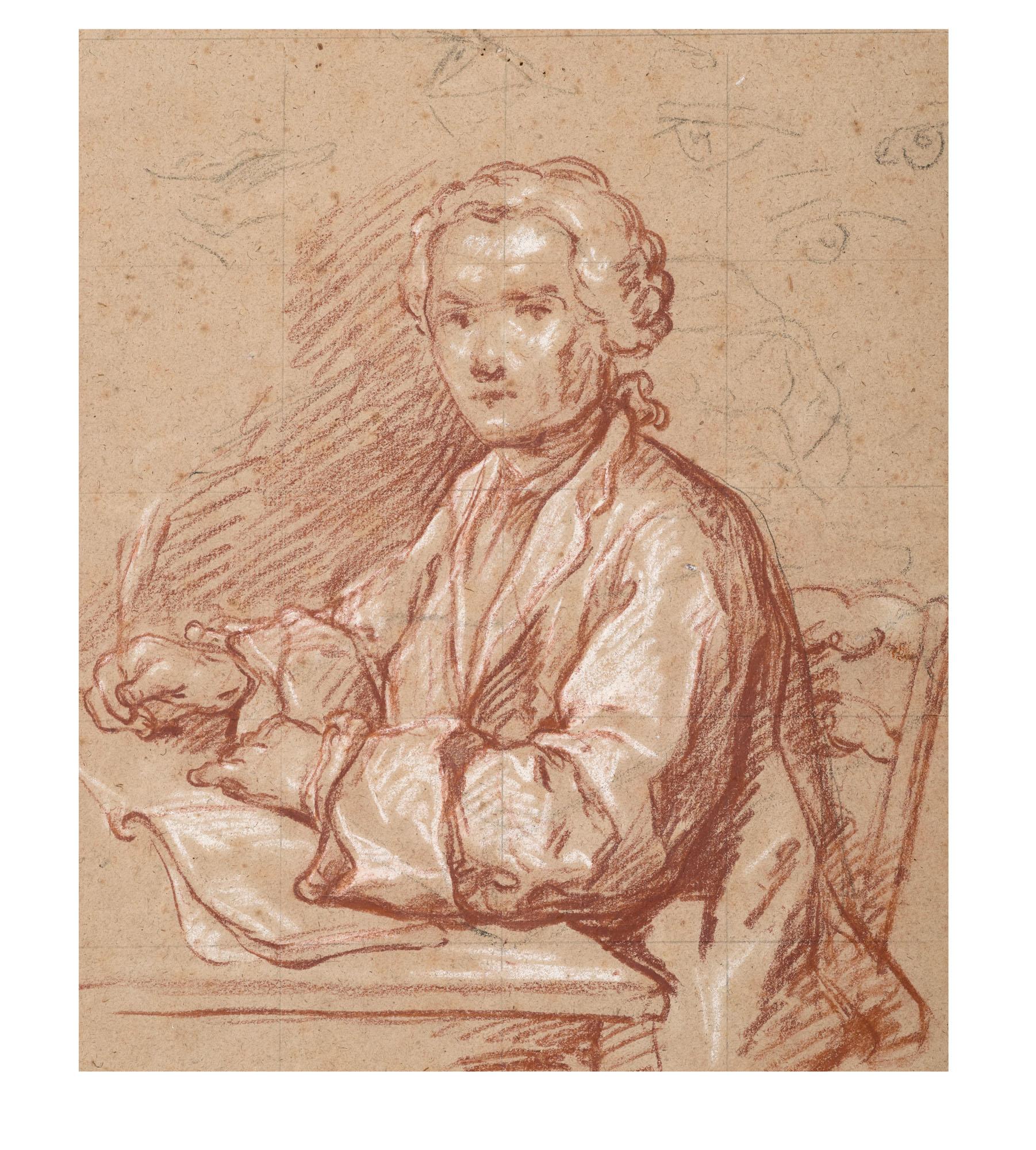 François-Louis-Joseph Watteau - Homme À Son Bureau Écrivant (Recto) ; Esquisse D\'Homme En Buste Lisant Et Étude De Mains (Verso)