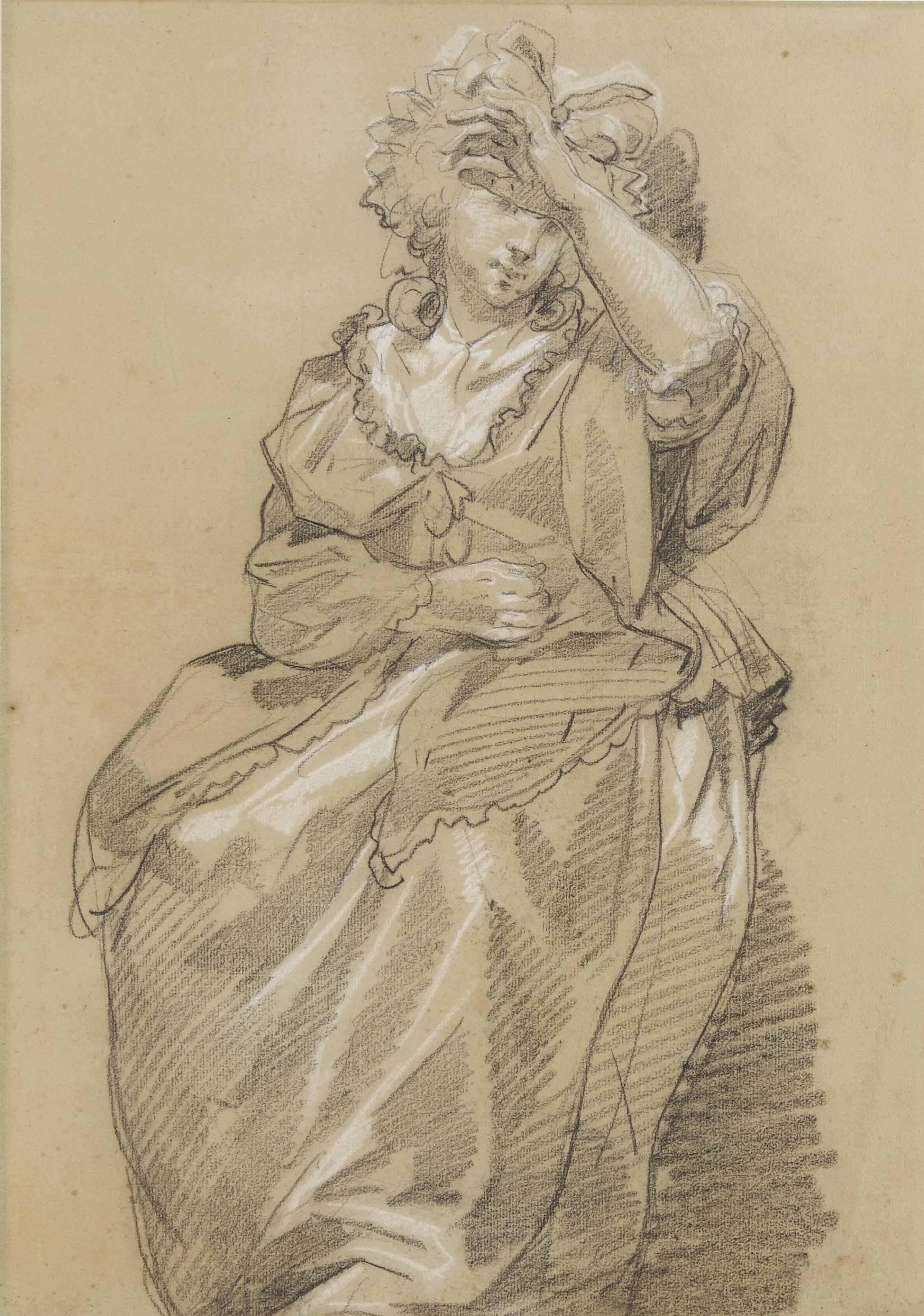 François-Louis-Joseph Watteau - Jeune Femme Assise, La Main Gauche Sur Le Front