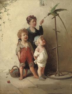 François Louis Lanfant de Metz - Playing With The Parrot In The Courtyard