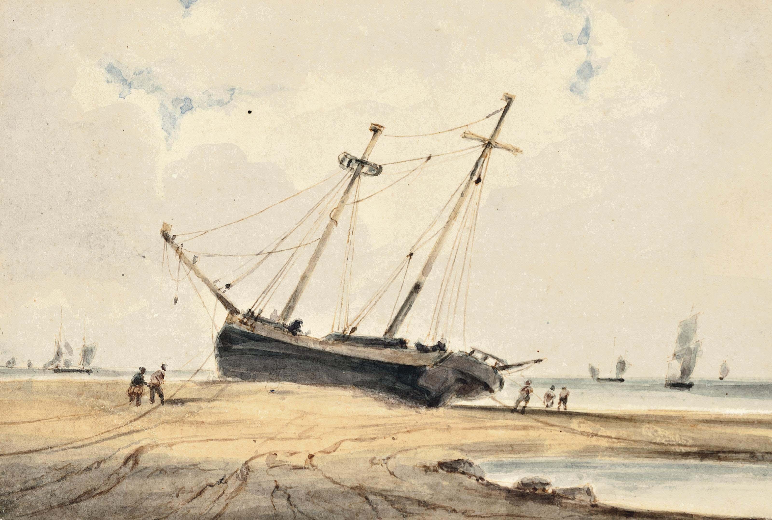 François Louis Thomas Francia - A beached vessel at low tide