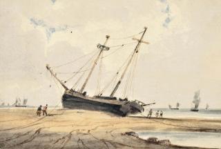 François Louis Thomas Francia - A beached vessel at low tide