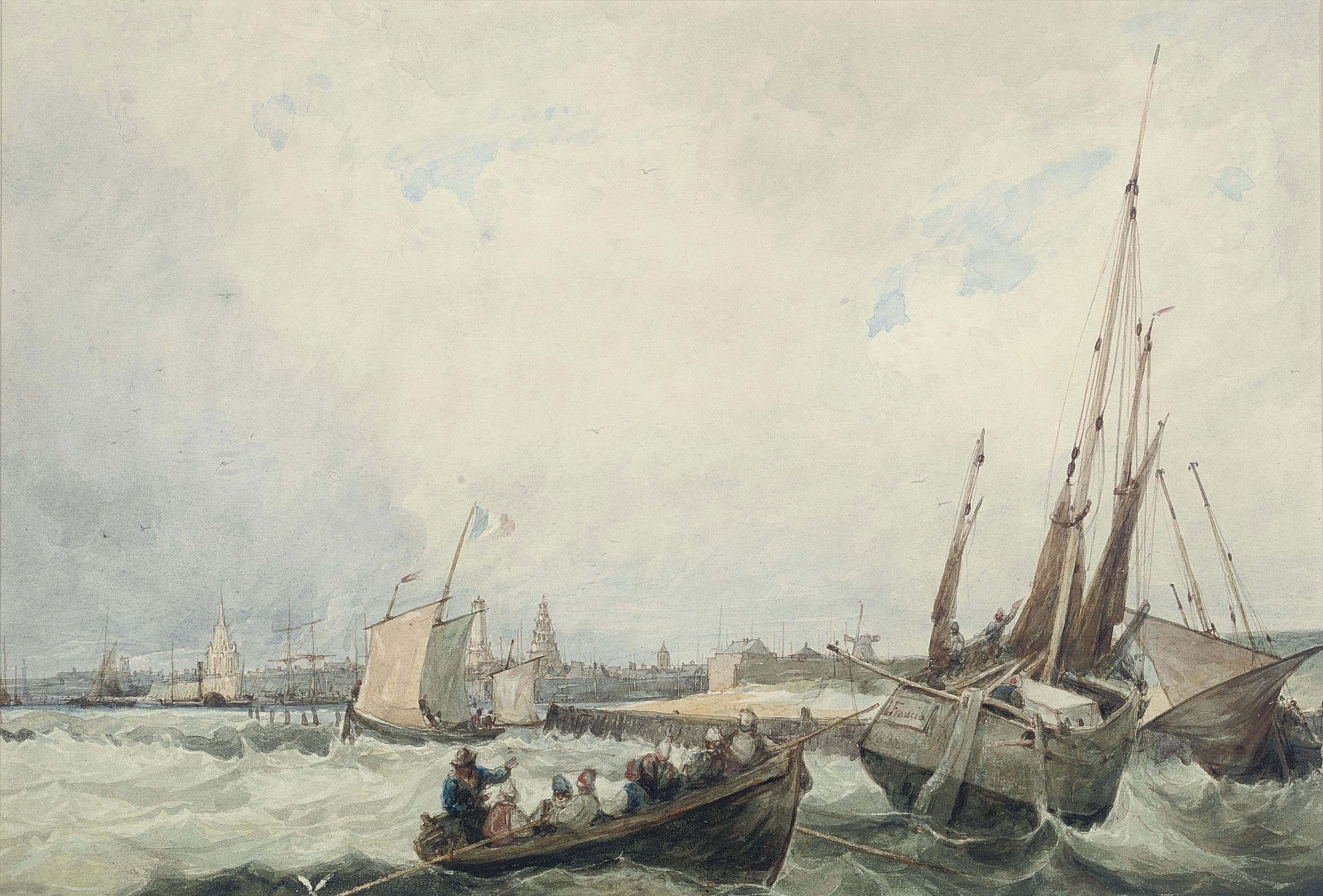François-Louis-Thomas Francia - A blustery day off the harbour at Calais