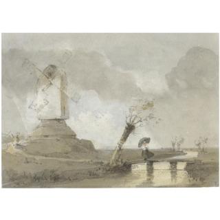 Francois Louis Thomas Francia - A Lady Holding An Umbrella, A Windmill Beyond