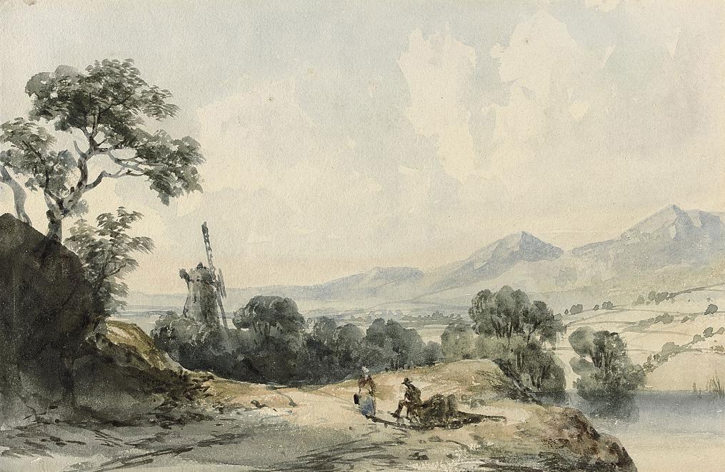 François Louis Thomas Francia - A windmill in Cumberland with two figures resting in the foreground