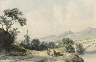 François Louis Thomas Francia - A windmill in Cumberland with two figures resting in the foreground