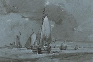 Francois Louis Thomas Francia - Fishing boats off an island fort; and Study of a beached boat