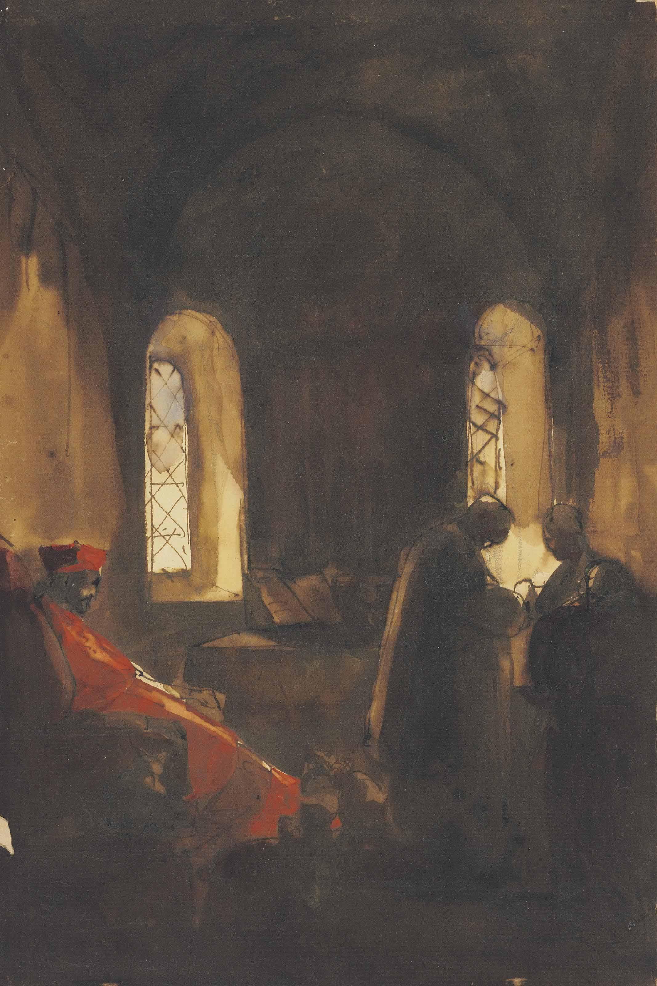 François-Marius Granet - A Chapel With A Cardinal Seated At The Left, And Two Ecclesiastics Far Right