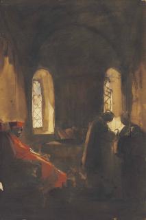 François-Marius Granet - A Chapel With A Cardinal Seated At The Left, And Two Ecclesiastics Far Right