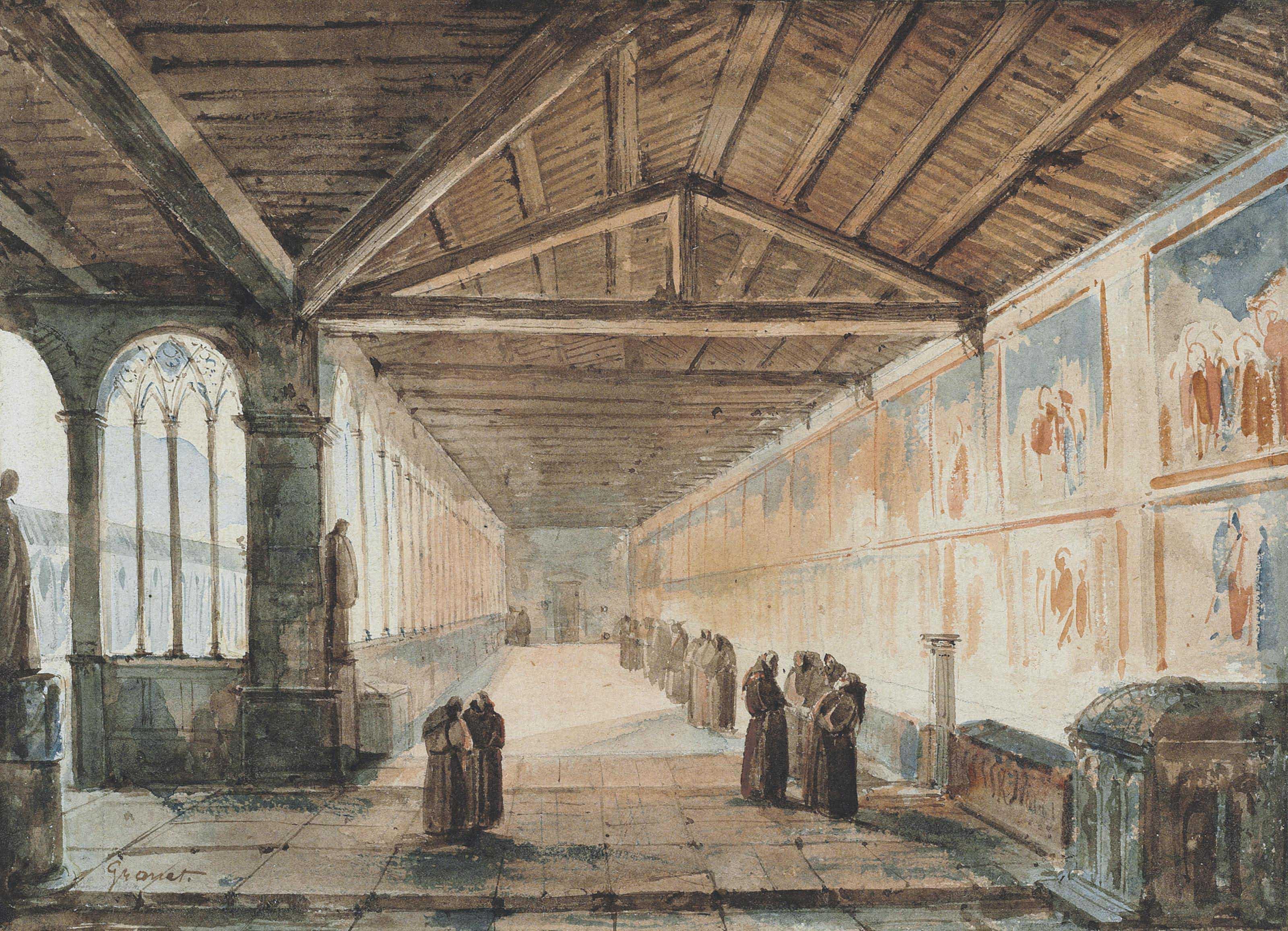 François-Marius Granet - Interior of the Camposanto, Pisa with a group of monks: the north corridor with frescoes by Piero di Puccio and Benozzo Gozzoli