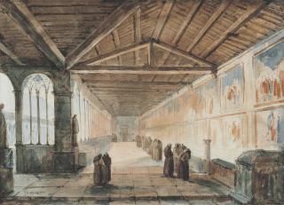 François-Marius Granet - Interior of the Camposanto, Pisa with a group of monks: the north corridor with frescoes by Piero di Puccio and Benozzo Gozzoli