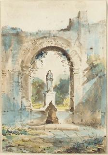 François-Marius Granet - Un moine mendiant; Une arche donnant sur des escaliers; Un paysage; Un âne dans une chapelle; Un moine priant devant une statue; et Un homme devant une inscription romaine