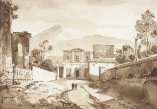 François-Marius Granet - Un paysage montagneux avec une route bordée de murs menant à une église