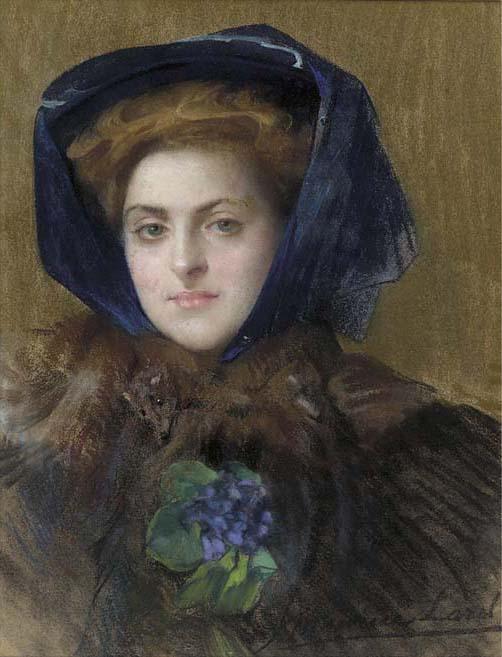 François Maurice Lard - Portrait of a lady, bust-length, wearing a fur stole and blue bonnet
